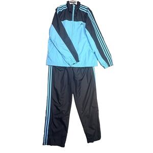 Adidas Tracksuit Nylon Mens L Black Blue 3 Stripe Jacket Pants Y2K 2005